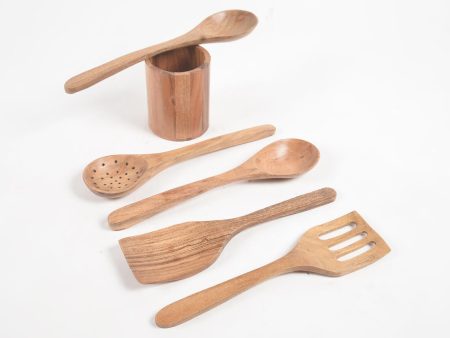 L Chaim Meats Set of 5 Acacia Wood Cooking Spoons with Jar Discount