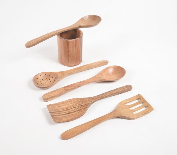 L Chaim Meats Set of 5 Acacia Wood Cooking Spoons with Jar Discount